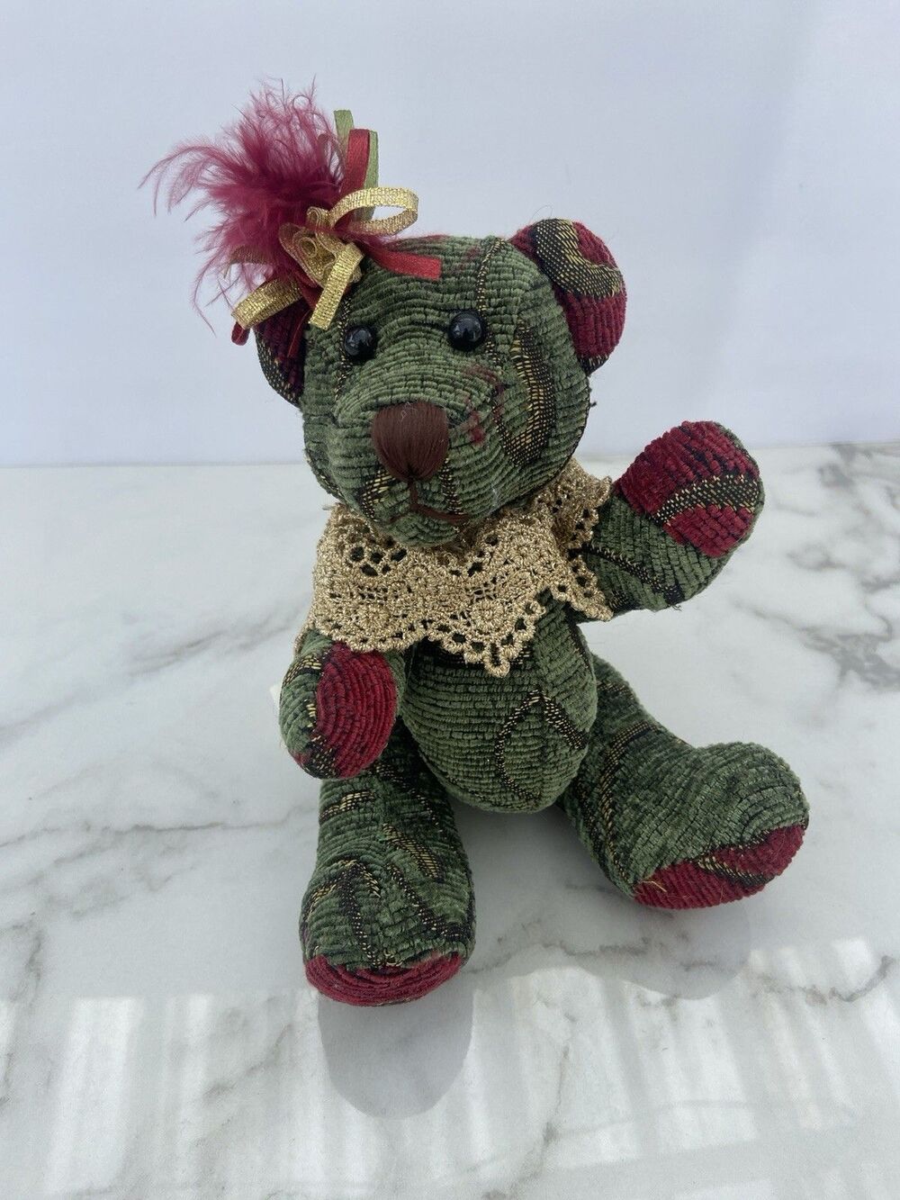 Dan Dee Green Tapestry Victorian Bear Jointed Arms & Legs Lace Collar